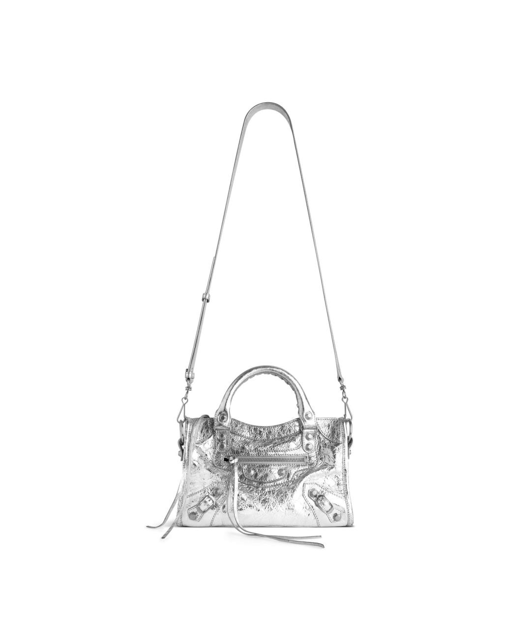BALENCIAGA Серебряная кожаная сумка с короткими ручками, фото 4