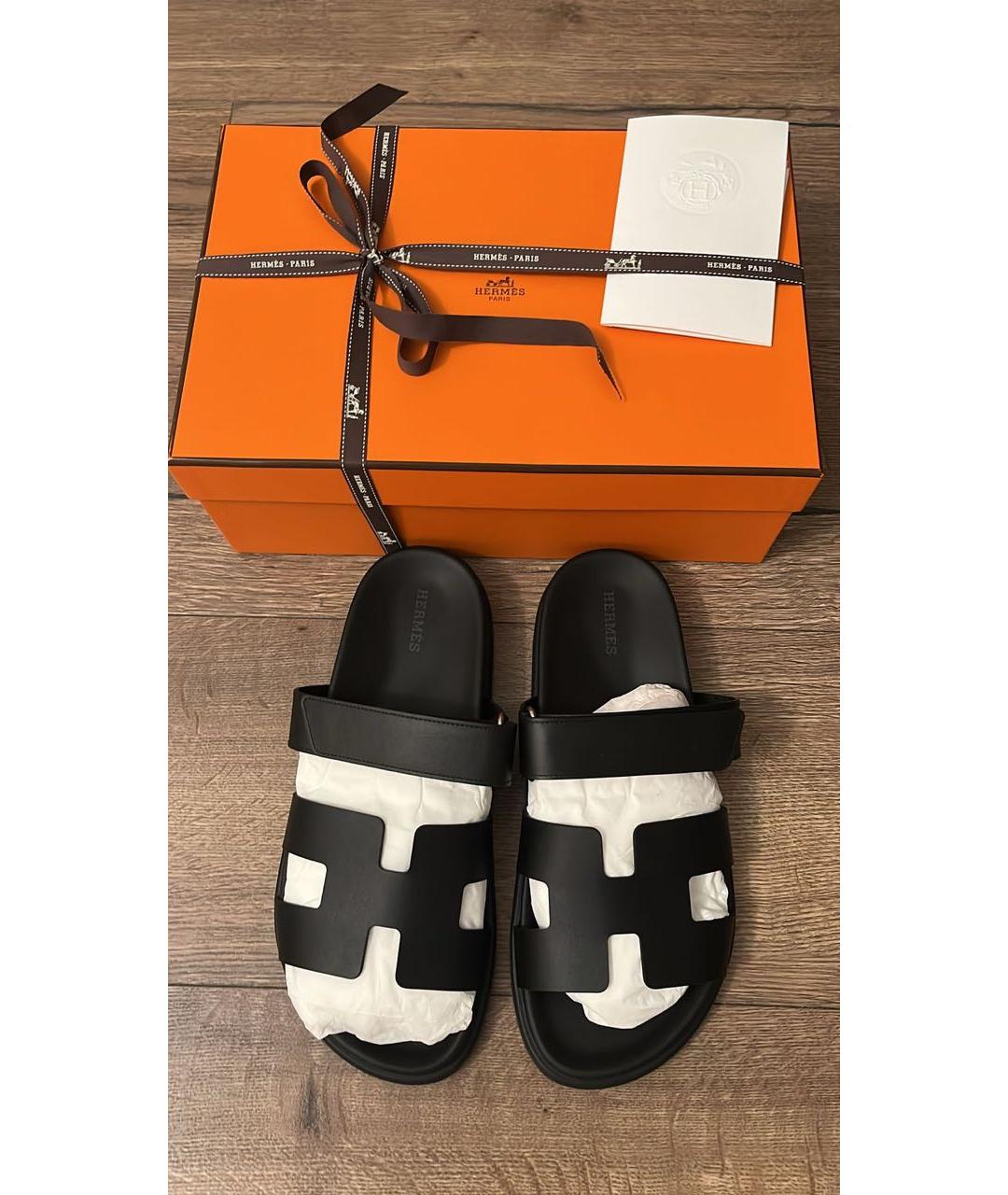 HERMES Черные кожаные шлепанцы, фото 2