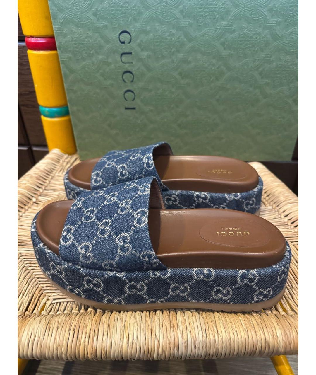 GUCCI Синие кожаные шлепанцы, фото 7