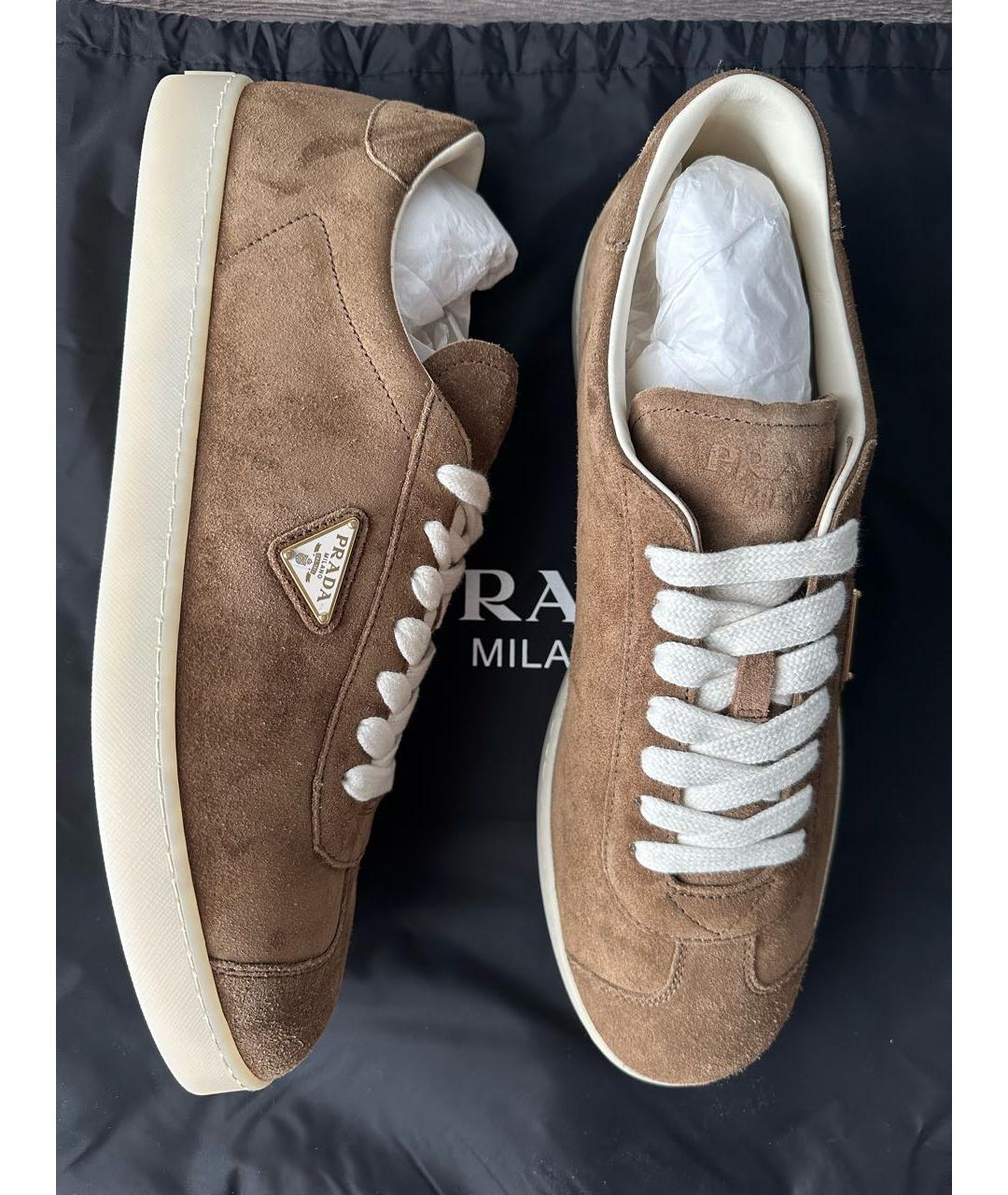 PRADA Коричневые замшевые низкие кроссовки / кеды, фото 7