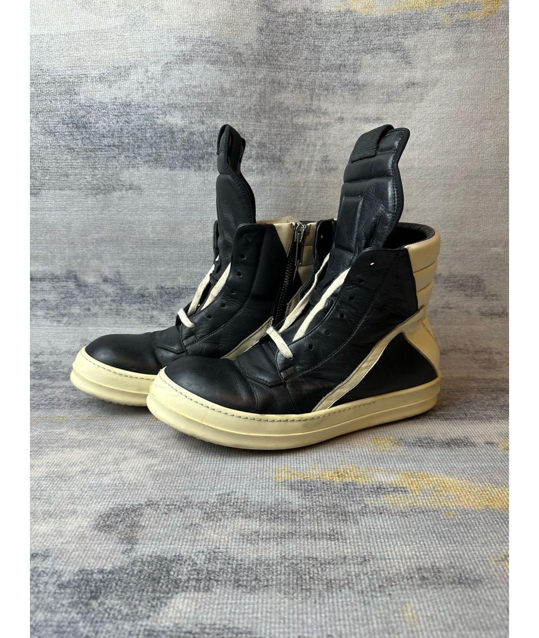 RICK OWENS Черные кожаные высокие кроссовки / кеды, фото 2