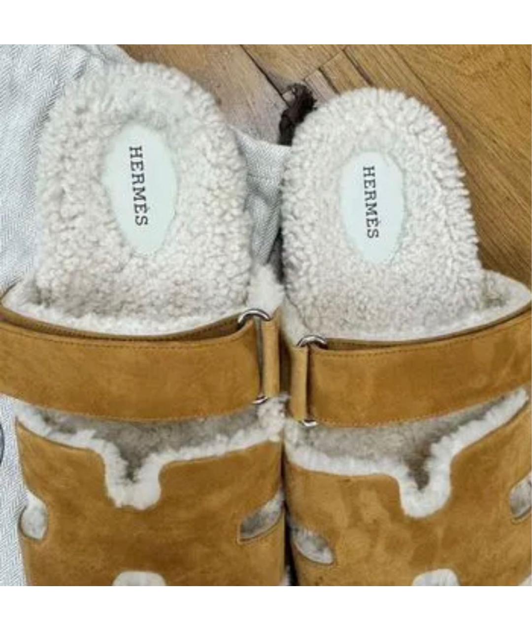 HERMES Коричневые замшевые шлепанцы, фото 4