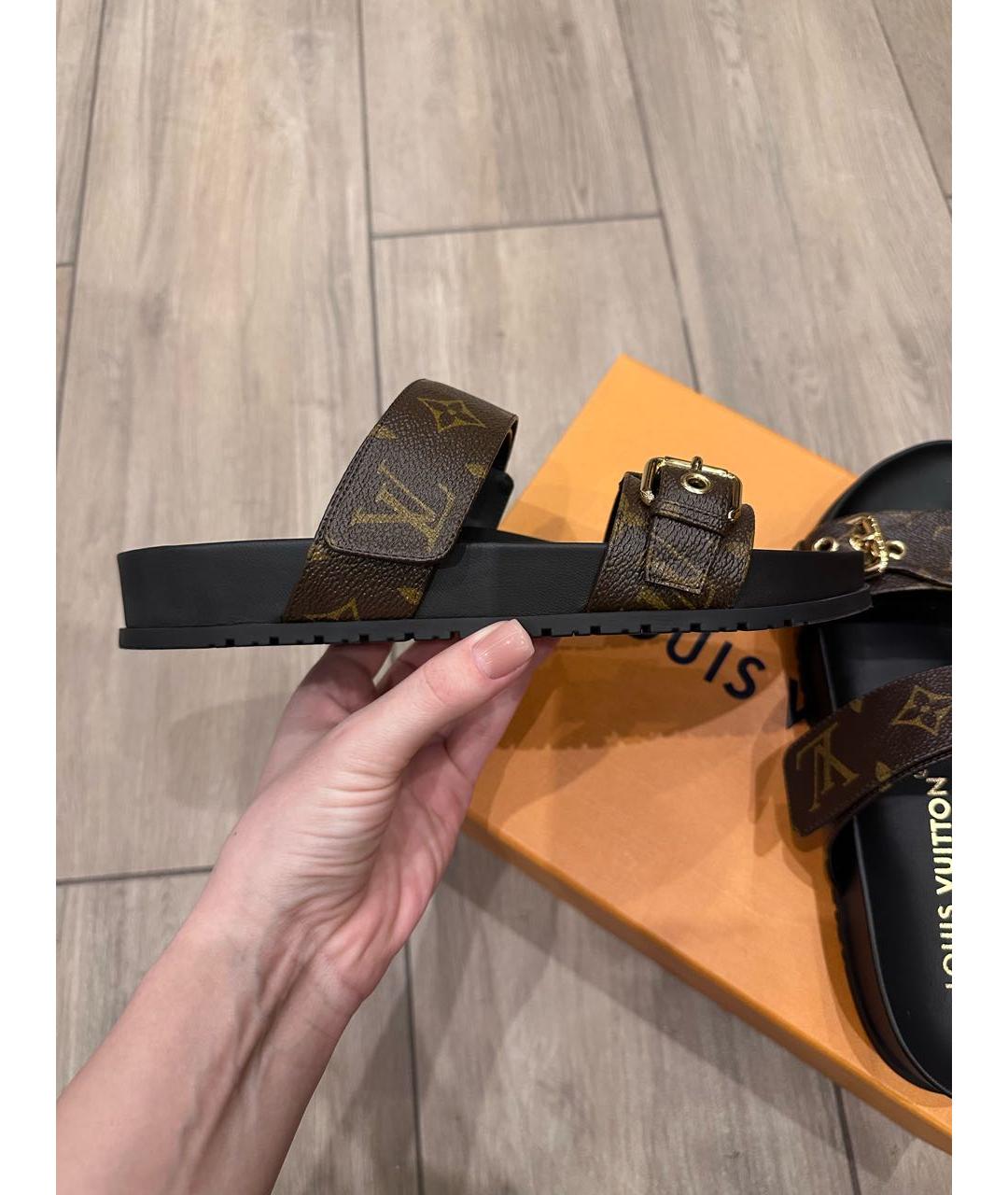 LOUIS VUITTON Коричневые кожаные шлепанцы, фото 9