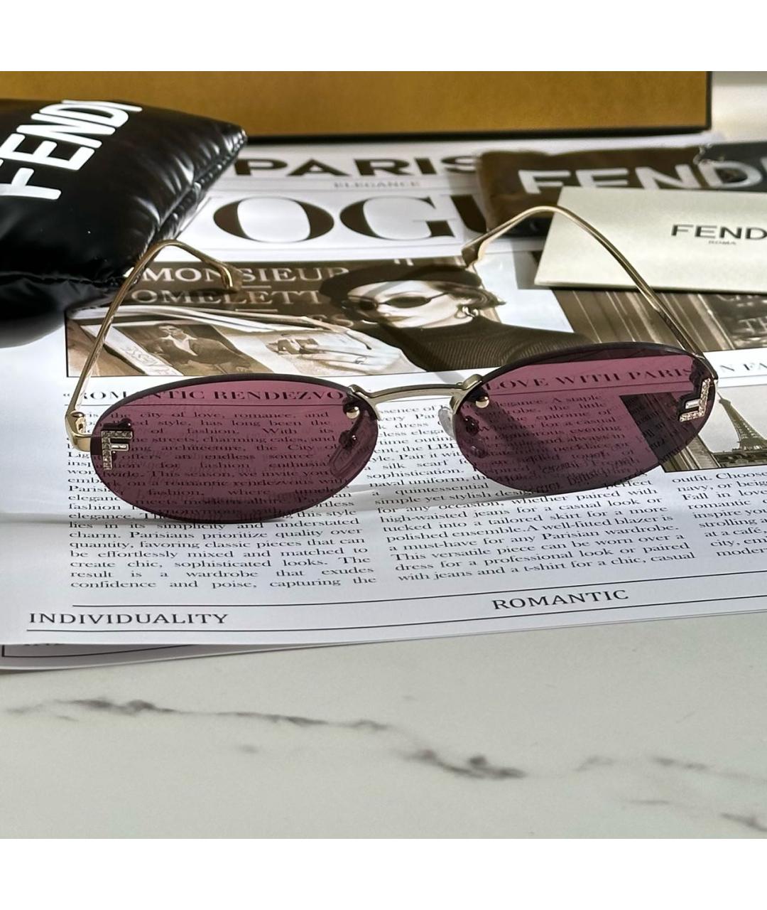FENDI Бордовые металлические солнцезащитные очки, фото 3