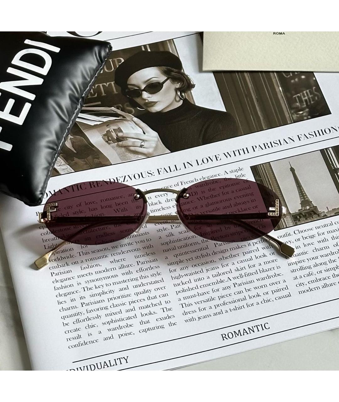 FENDI Бордовые металлические солнцезащитные очки, фото 2