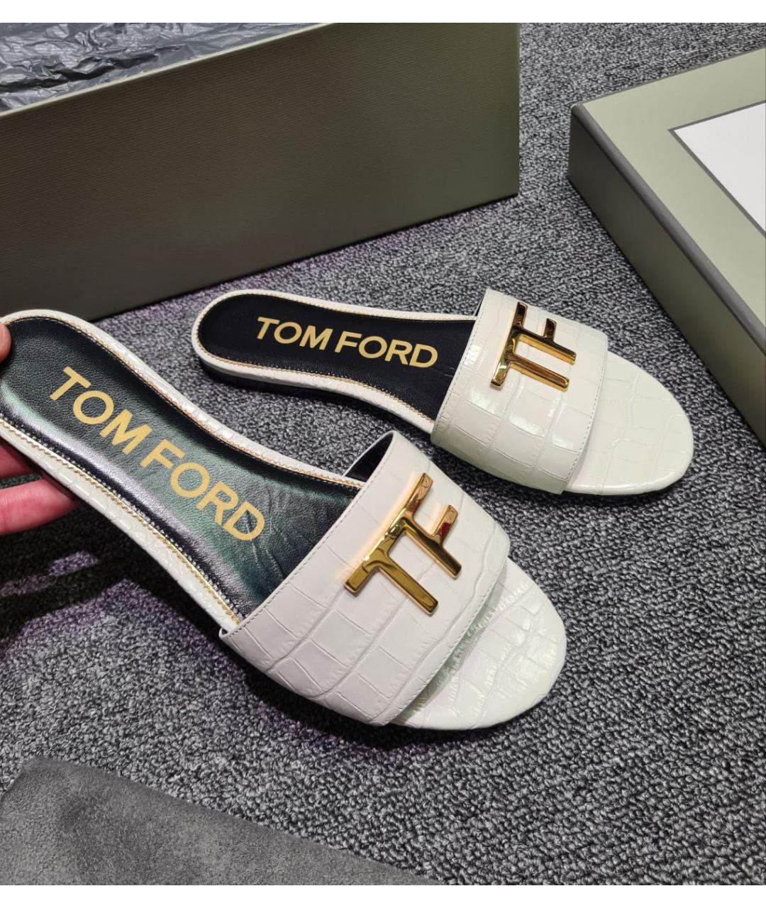 TOM FORD Белые кожаные шлепанцы, фото 5
