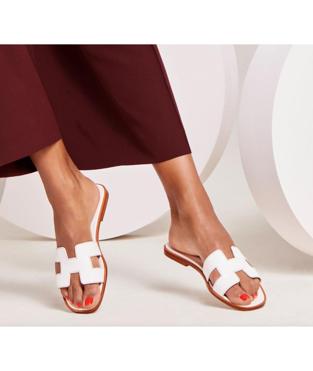 HERMES Белые кожаные шлепанцы, фото 2