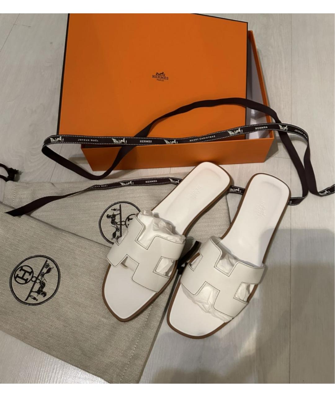 HERMES Белые кожаные шлепанцы, фото 3