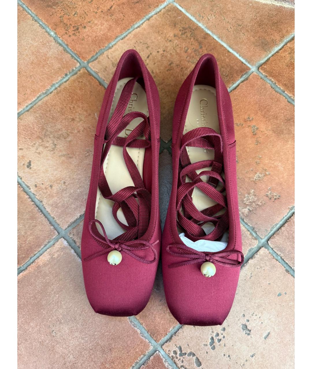 CHRISTIAN DIOR Бордовые текстильные балетки, фото 2