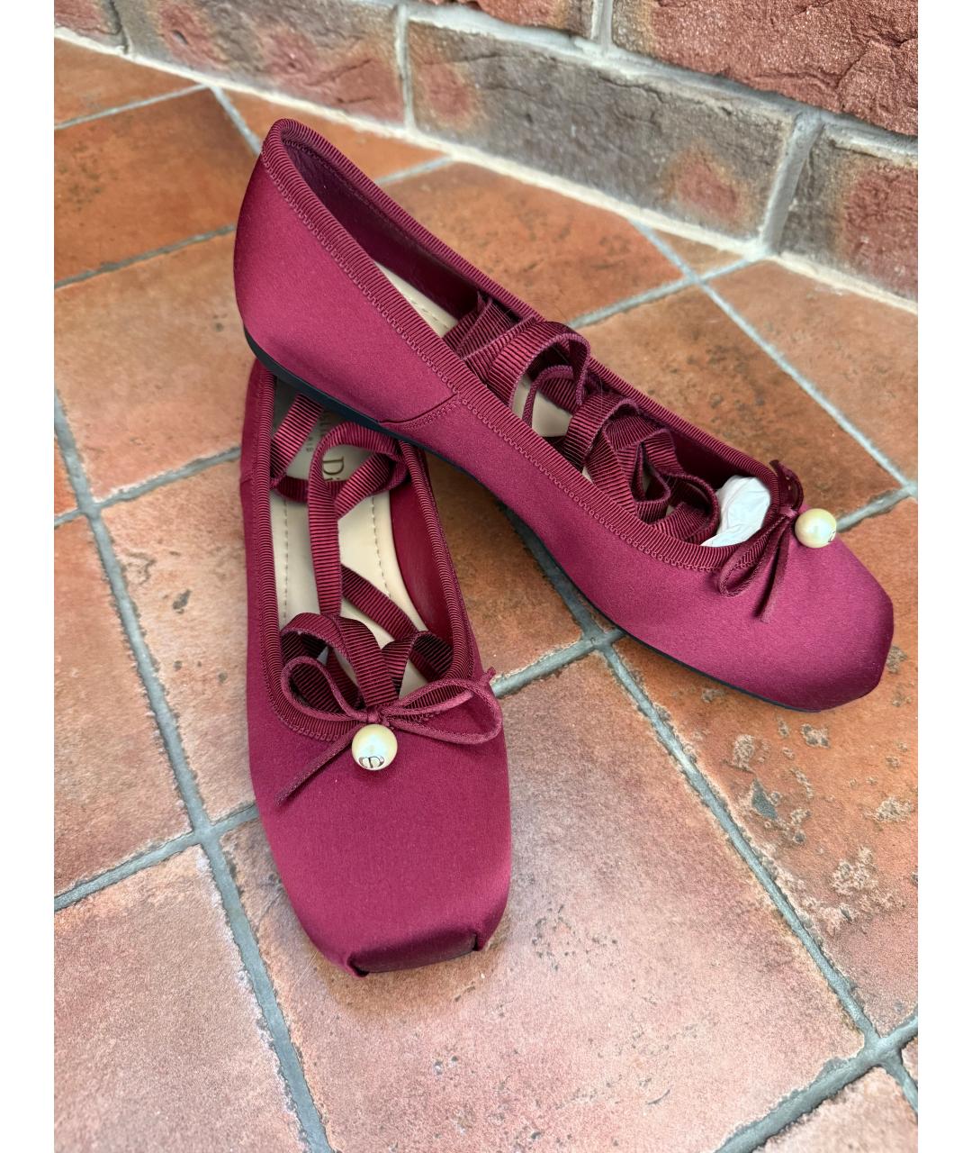 CHRISTIAN DIOR Бордовые текстильные балетки, фото 5