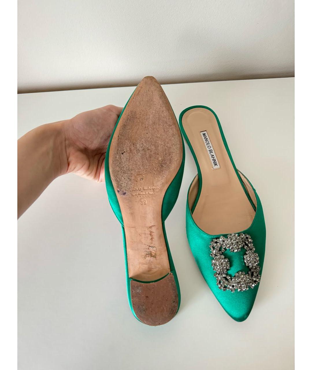 MANOLO BLAHNIK Зеленые текстильные мюли, фото 5