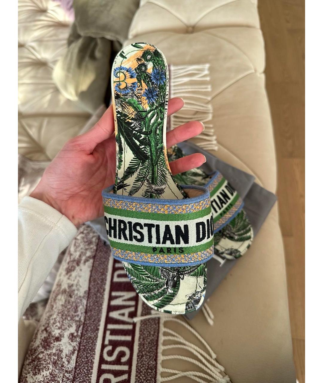 CHRISTIAN DIOR Зеленые текстильные мюли, фото 3