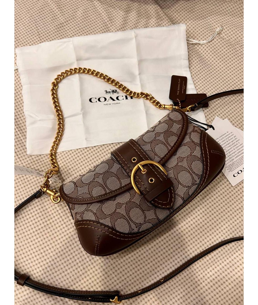 COACH Коричневая жаккардовая сумка с короткими ручками, фото 6