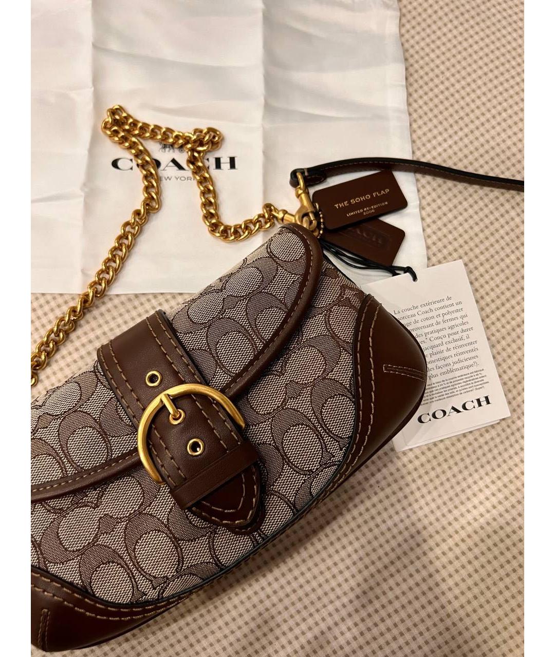 COACH Коричневая жаккардовая сумка с короткими ручками, фото 8