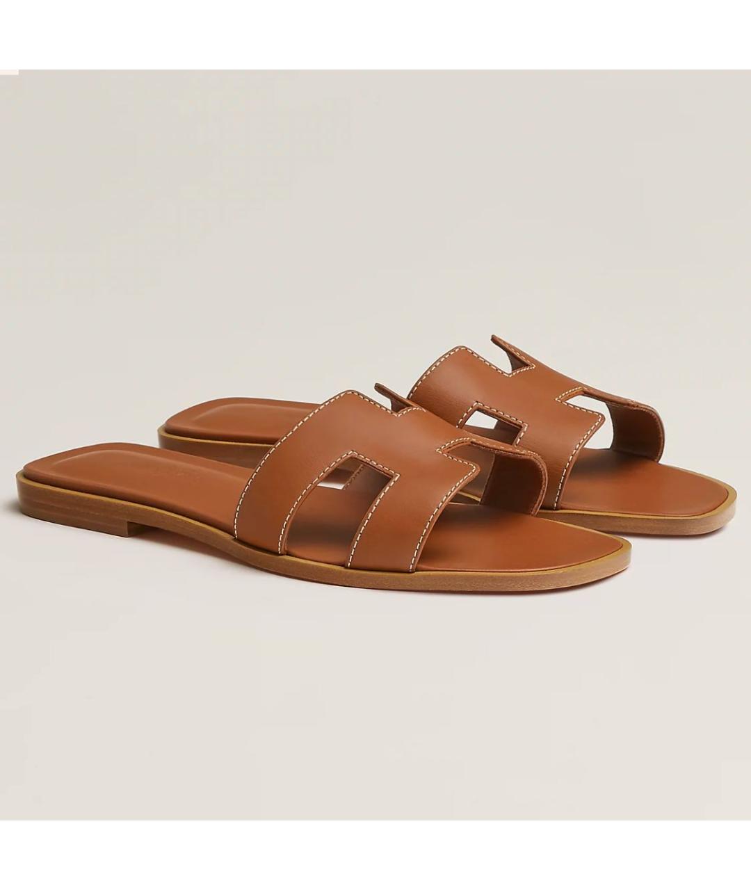 HERMES Коричневые кожаные шлепанцы, фото 2