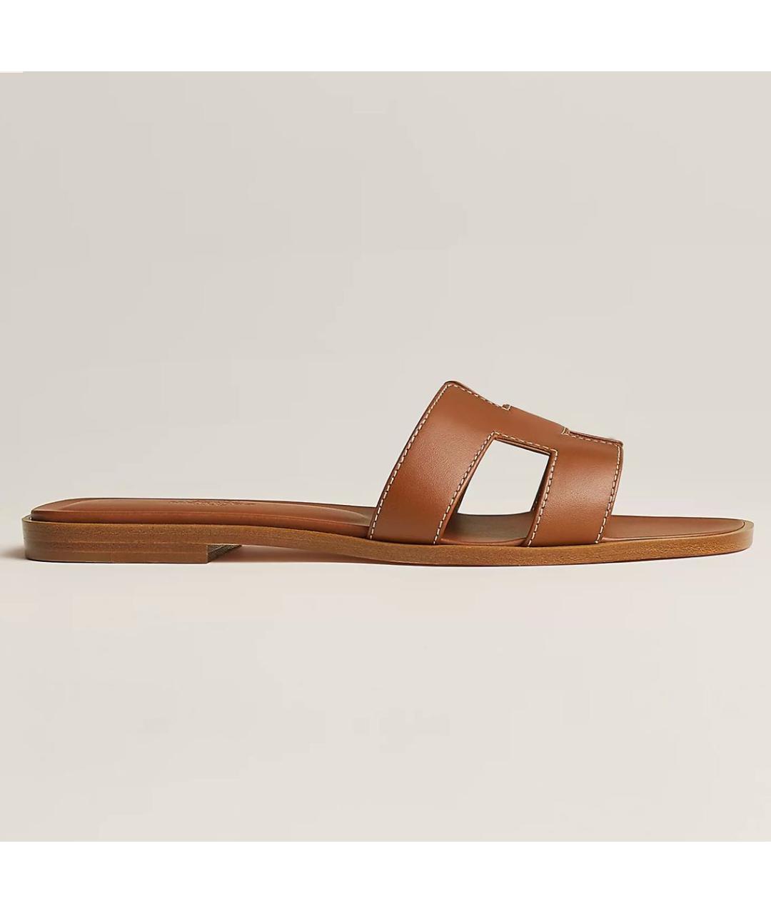 HERMES Коричневые кожаные шлепанцы, фото 3