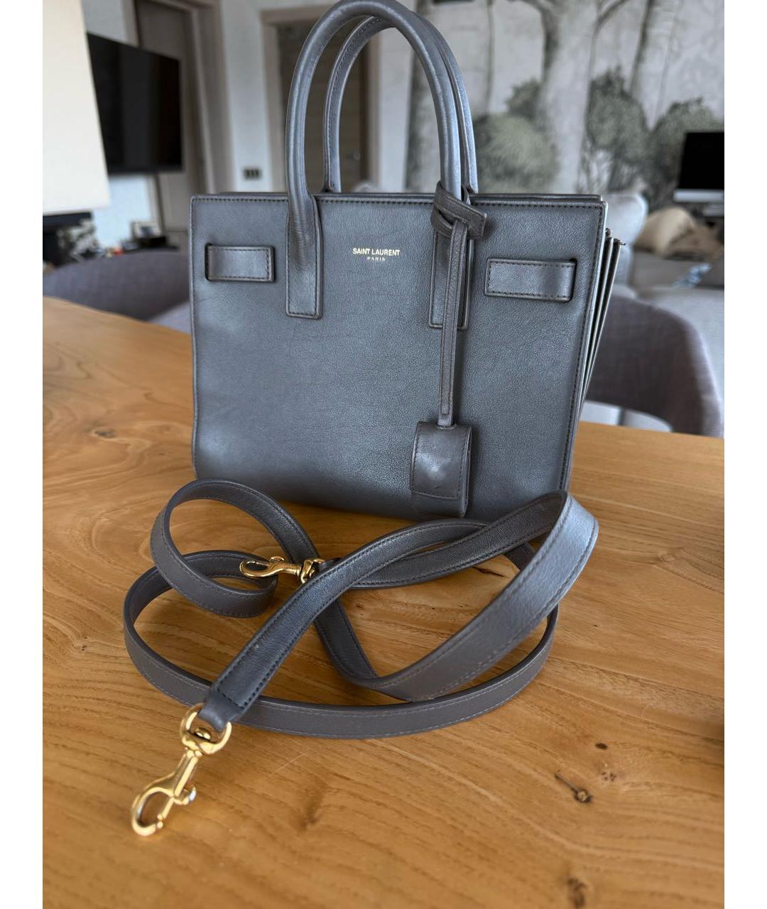 SAINT LAURENT Антрацитовая кожаная сумка с короткими ручками, фото 6