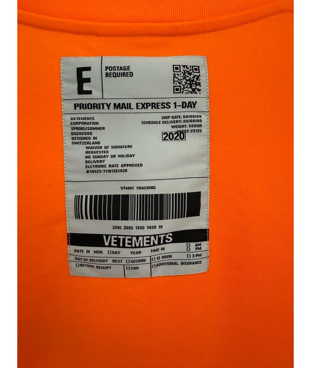 VETEMENTS Оранжевая хлопковая футболка, фото 4