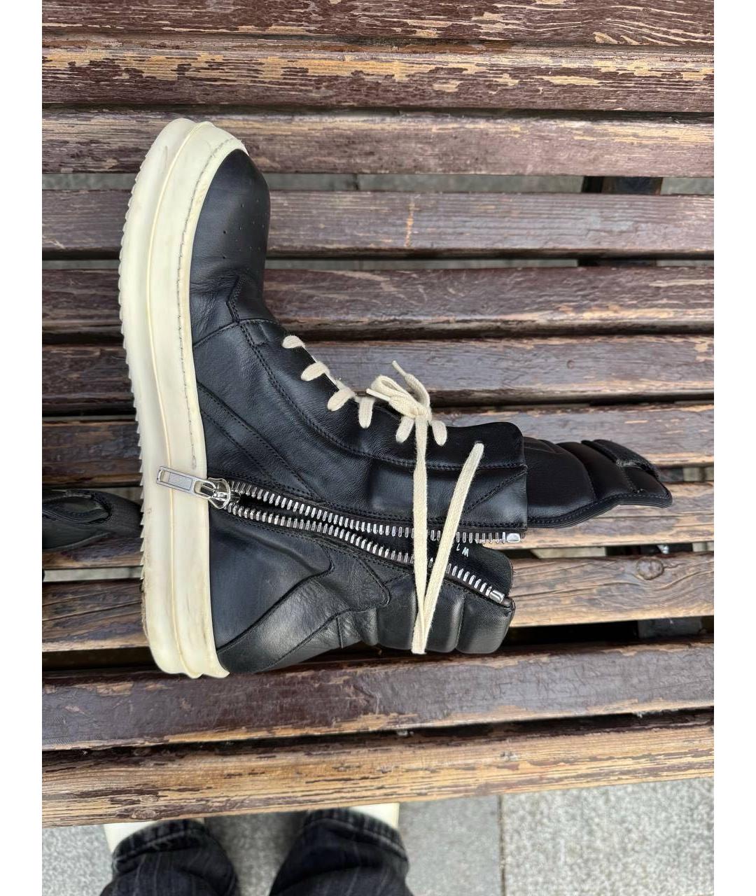 RICK OWENS Черные кожаные высокие кроссовки / кеды, фото 2