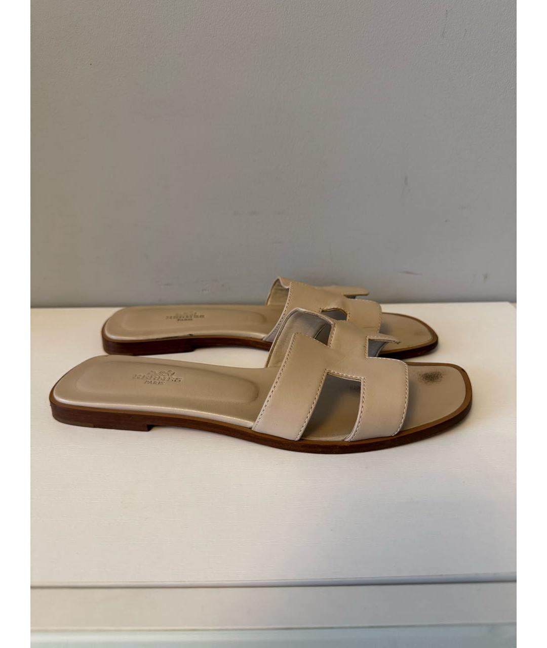 HERMES Бежевые кожаные шлепанцы, фото 7