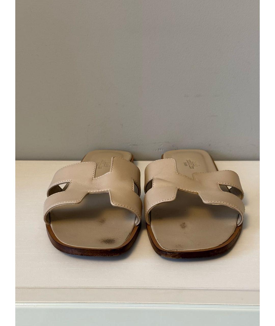 HERMES Бежевые кожаные шлепанцы, фото 2
