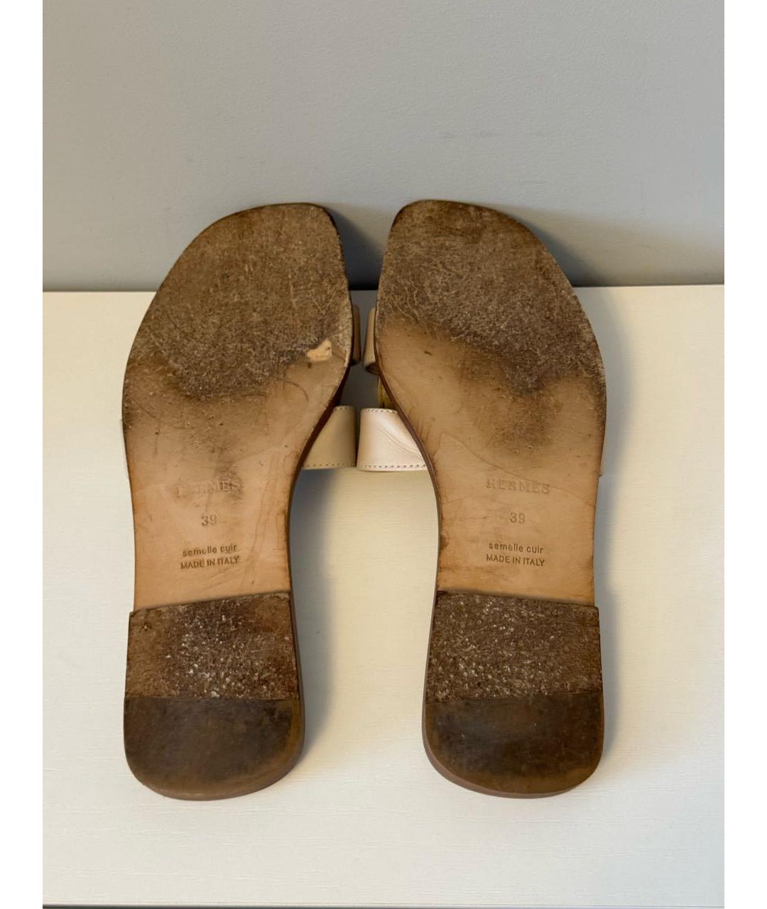 HERMES Бежевые кожаные шлепанцы, фото 5