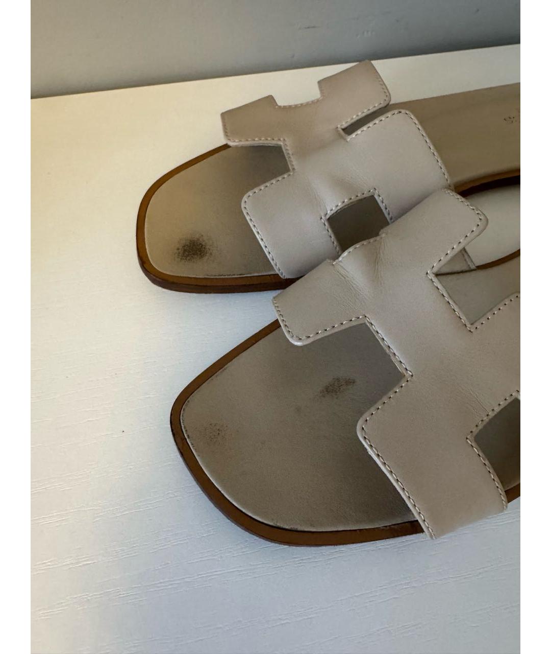 HERMES Бежевые кожаные шлепанцы, фото 6