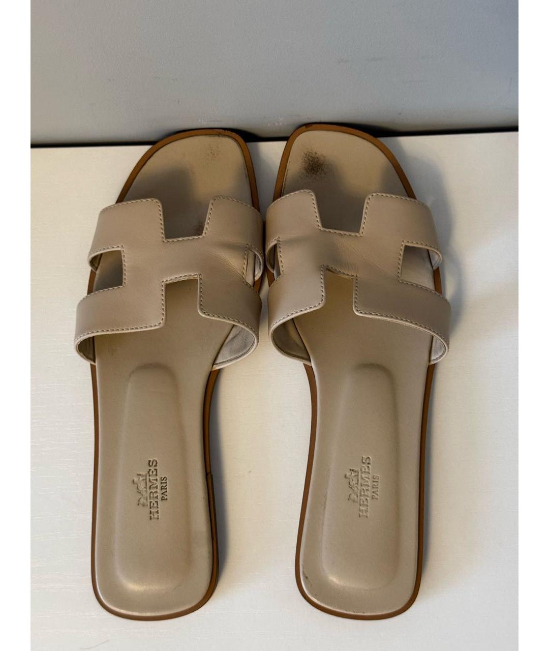 HERMES Бежевые кожаные шлепанцы, фото 3