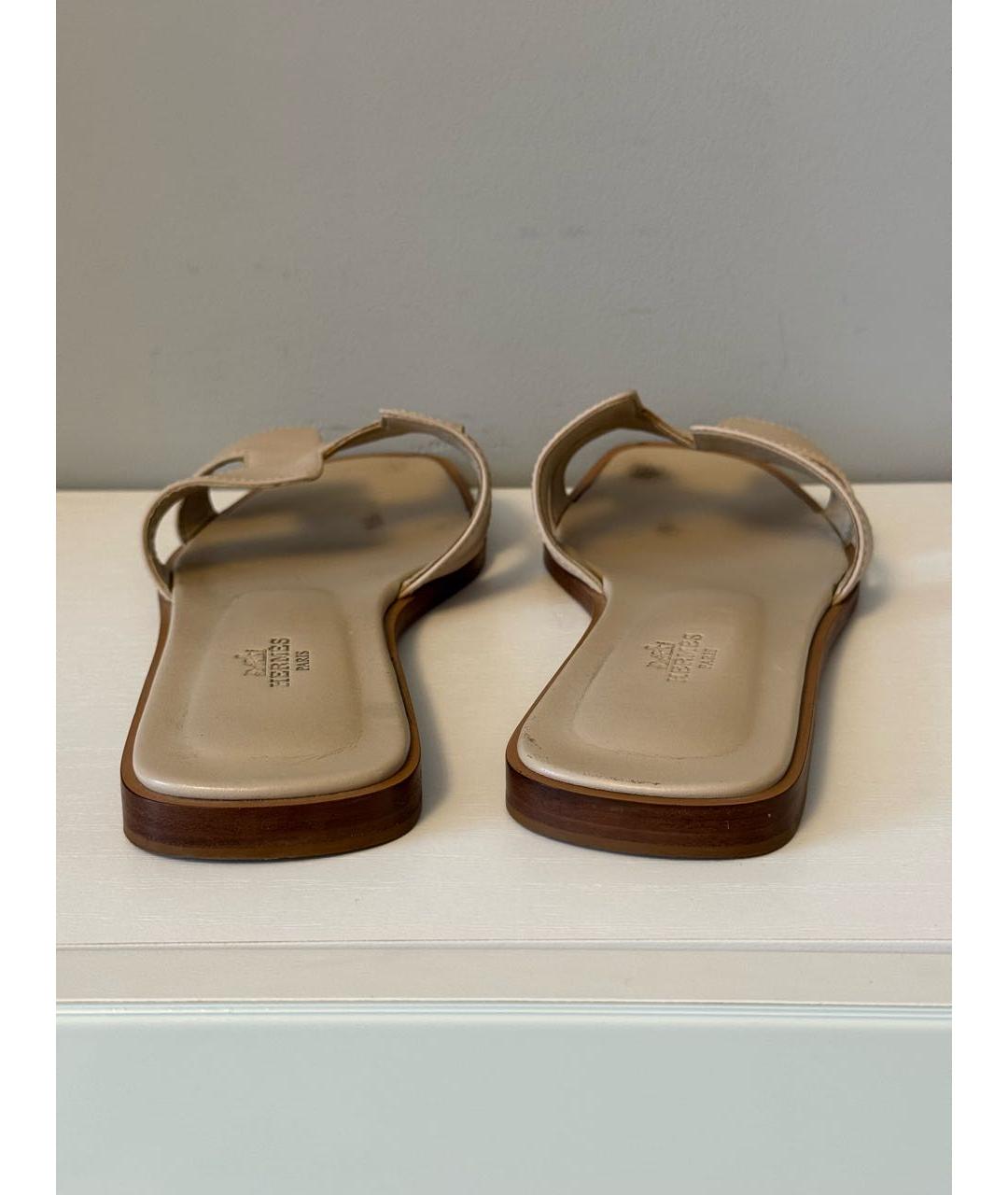 HERMES Бежевые кожаные шлепанцы, фото 4