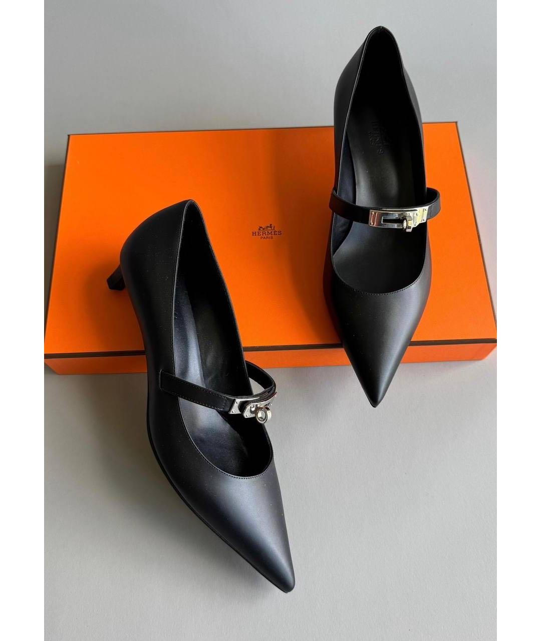 HERMES Черные кожаные лодочки на низком каблуке, фото 6