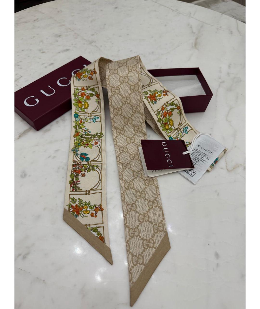 GUCCI Бежевый шелковый шарф, фото 2
