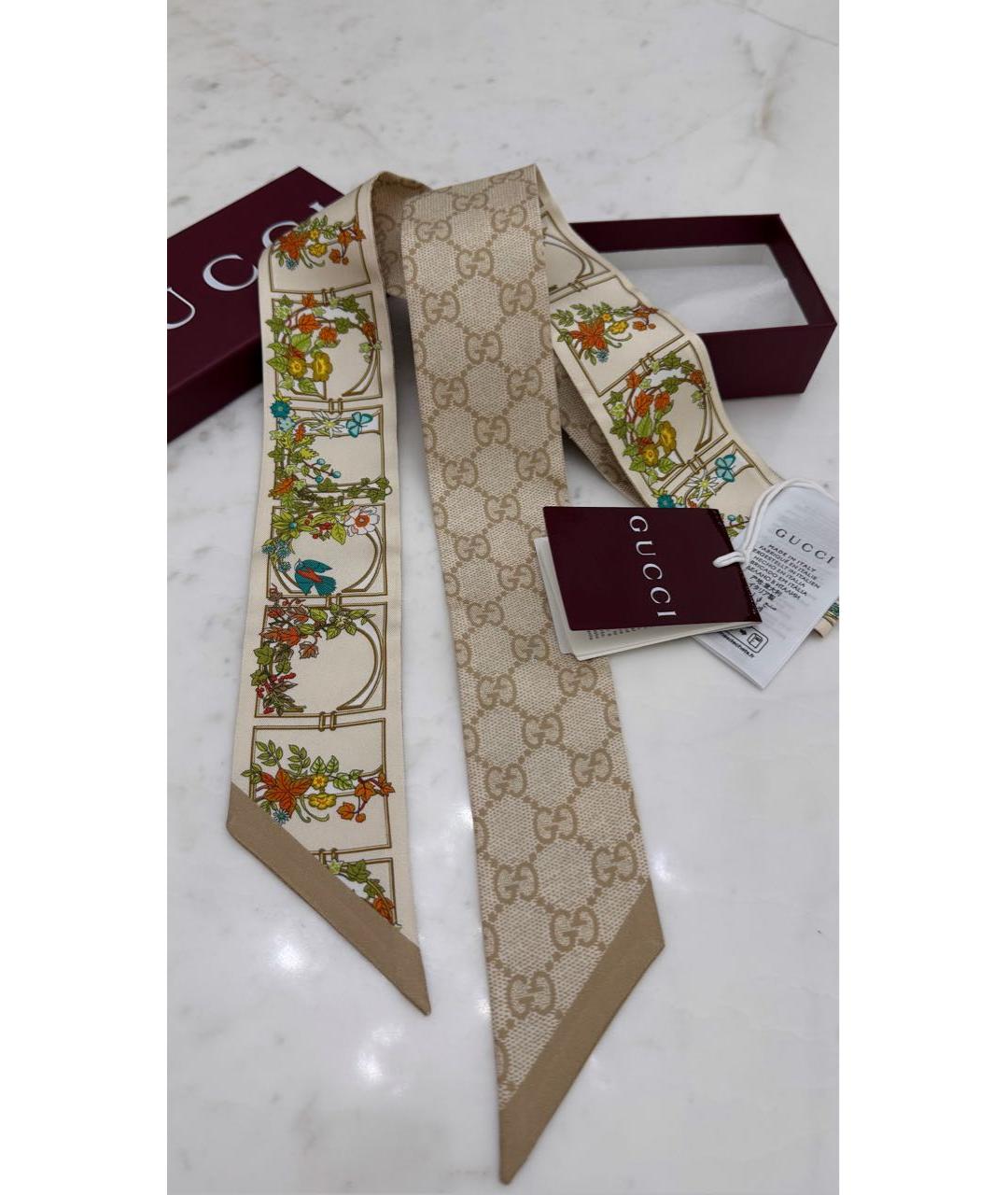 GUCCI Бежевый шелковый шарф, фото 4