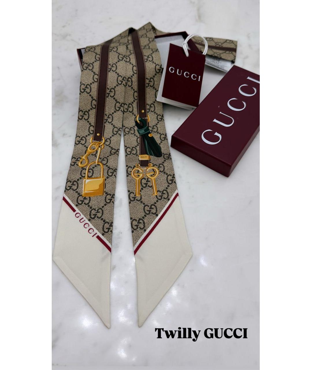 GUCCI Бежевый шелковый шарф, фото 2