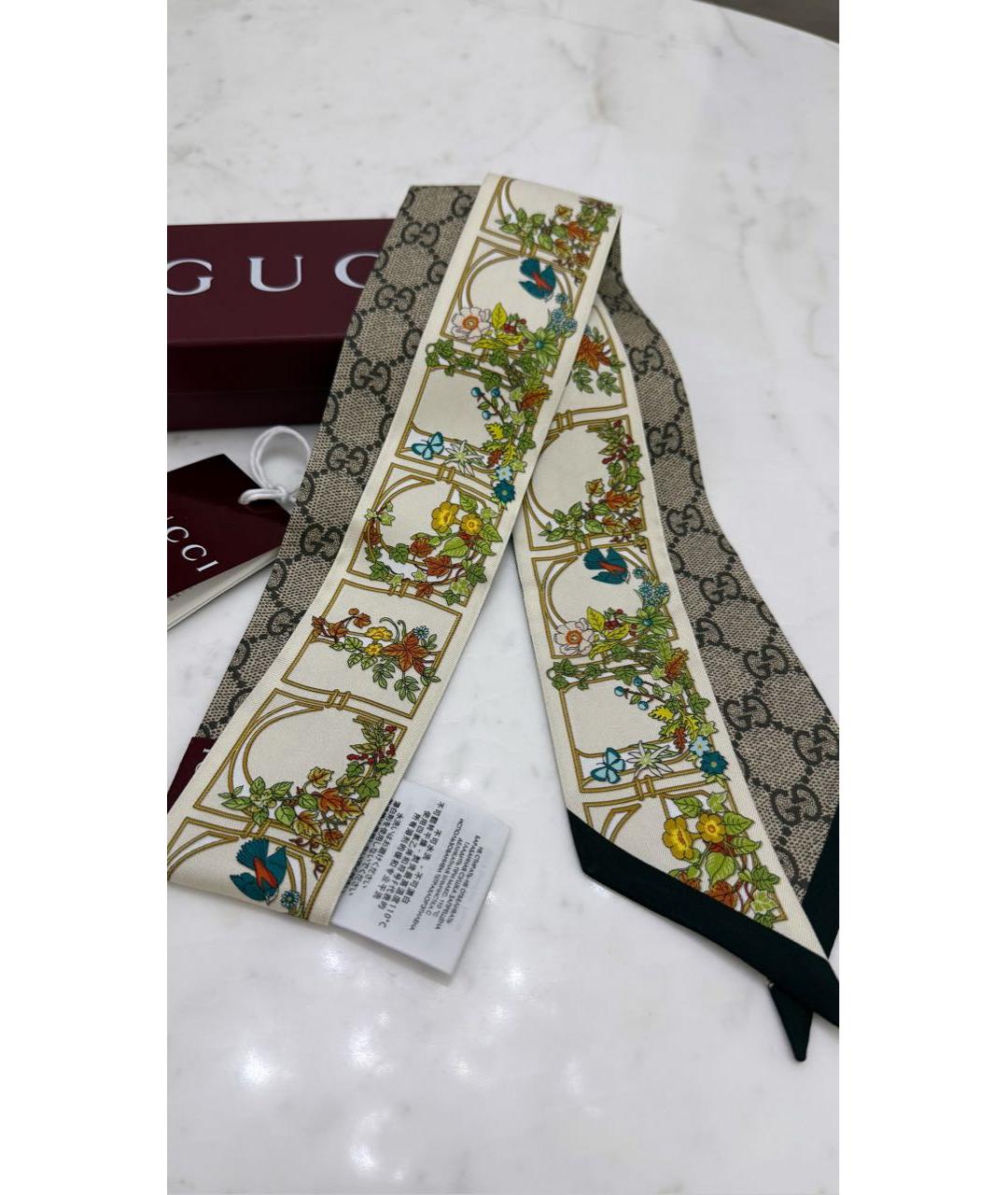 GUCCI Бежевый шелковый шарф, фото 2