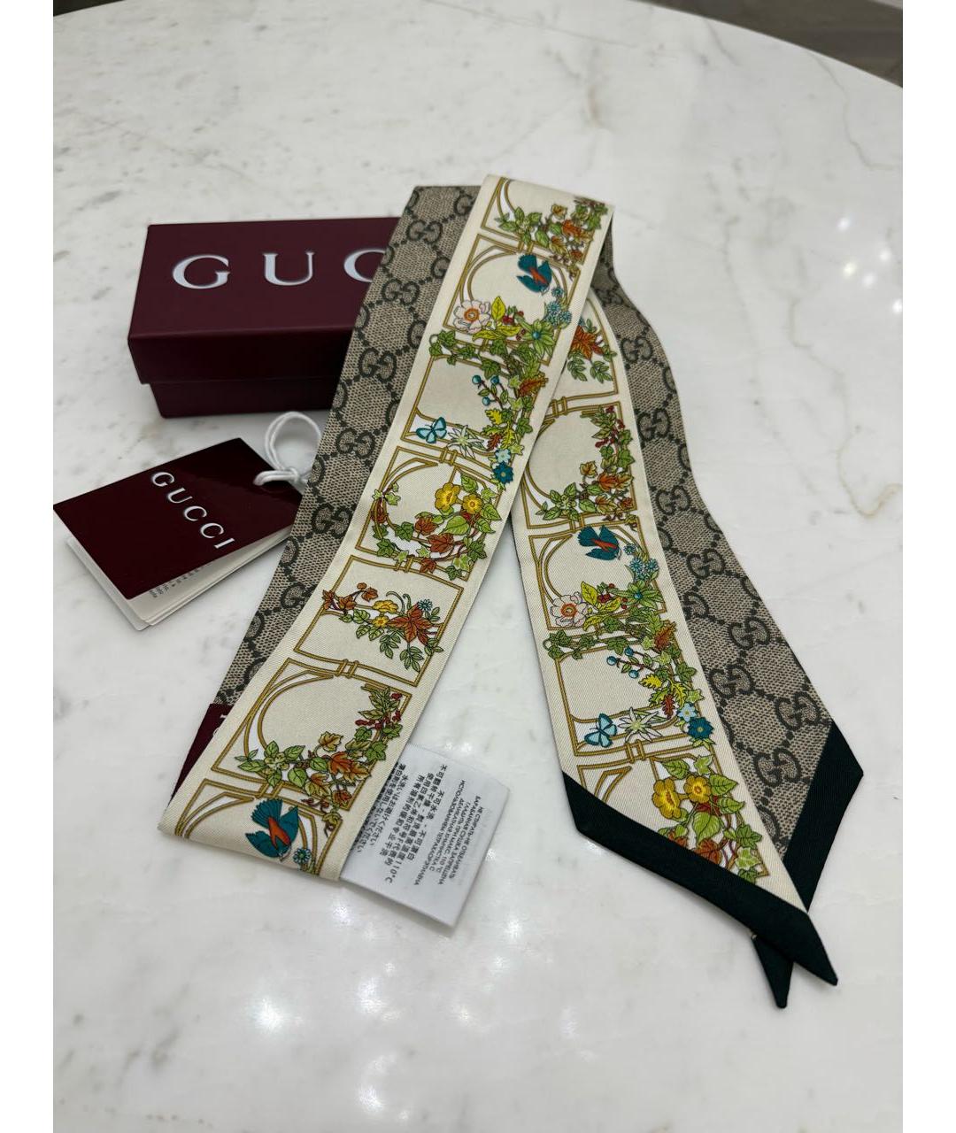 GUCCI Бежевый шелковый шарф, фото 3