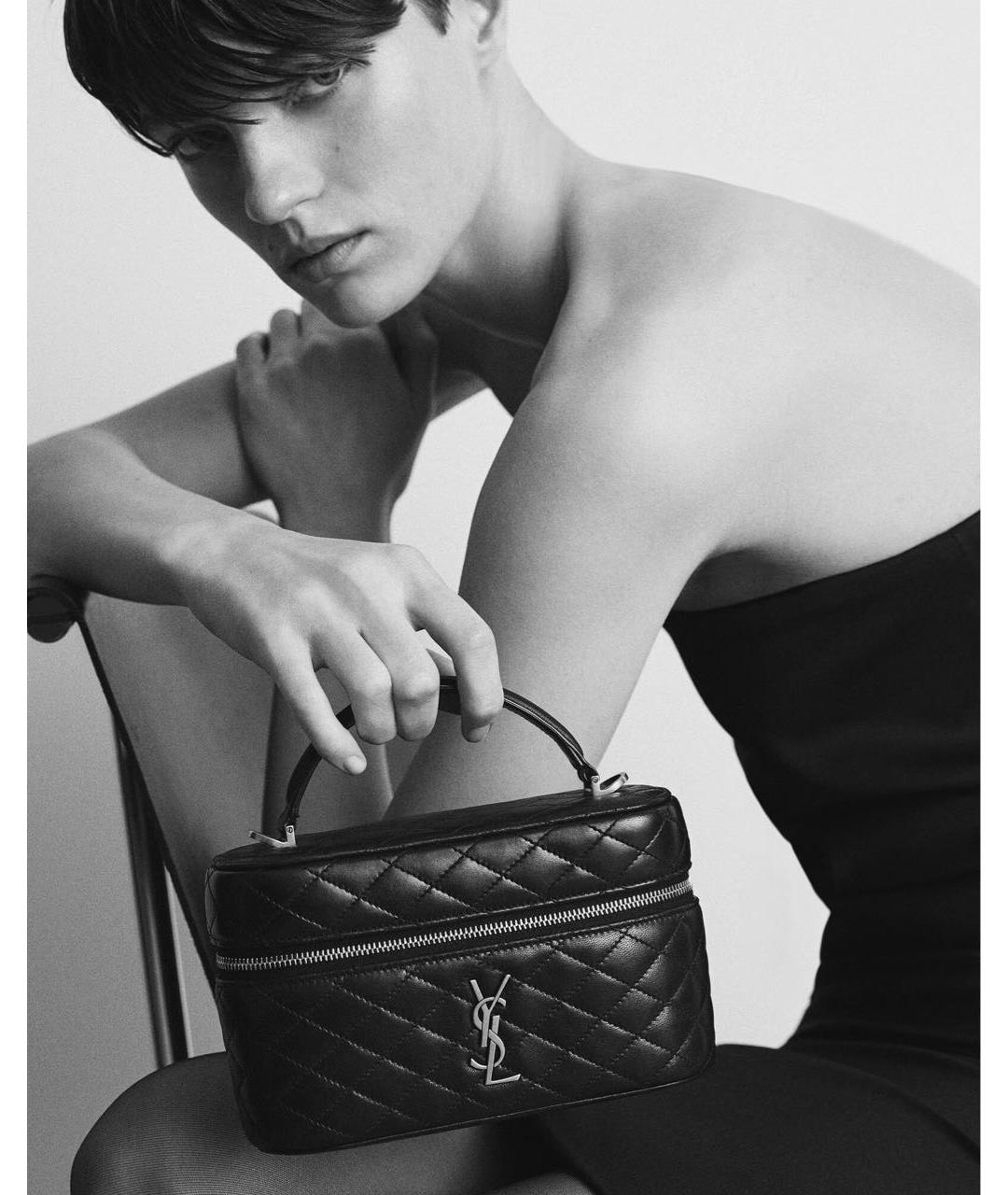 SAINT LAURENT Черная кожаная сумка с короткими ручками, фото 6