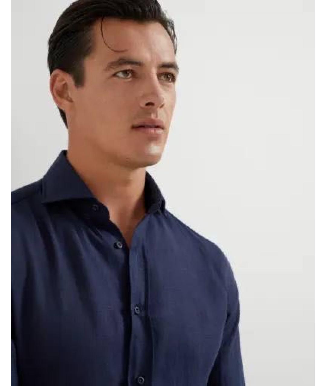 BRUNELLO CUCINELLI Темно-синяя льняная кэжуал рубашка, фото 6