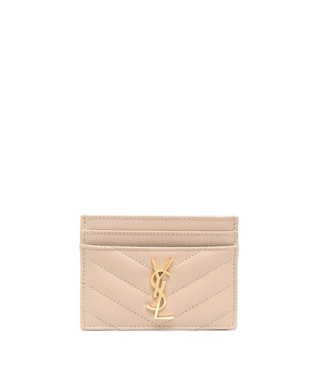 SAINT LAURENT Бежевый кожаный кардхолдер, фото 1
