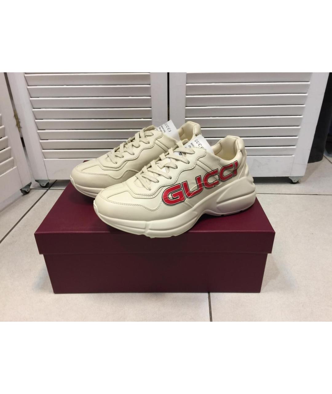 GUCCI Бежевые кожаные низкие кроссовки / кеды, фото 8