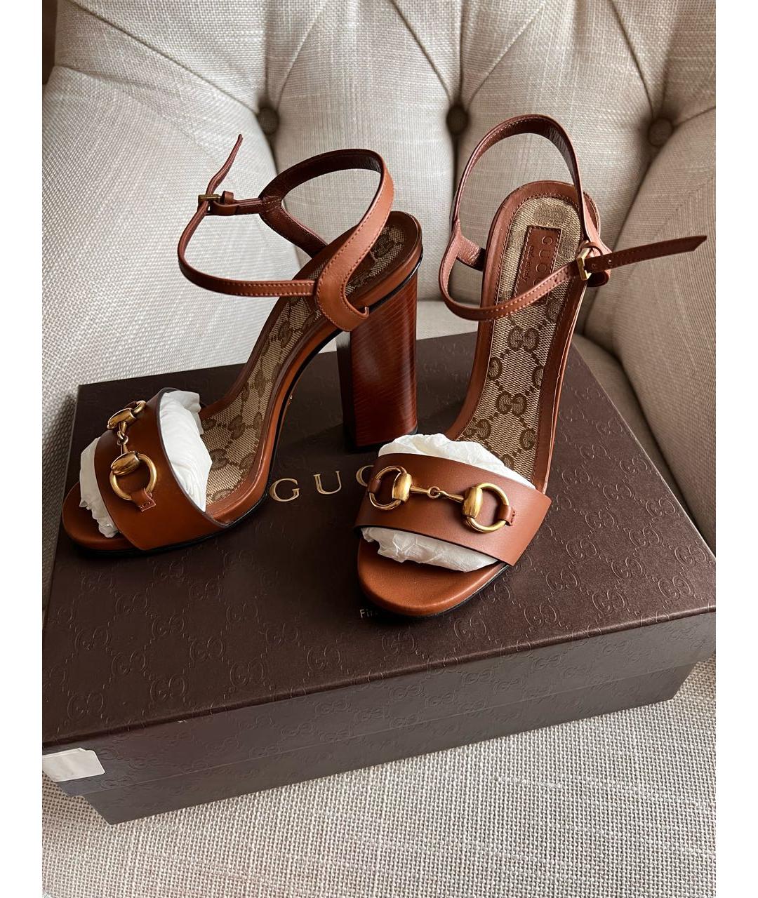 GUCCI Коричневые кожаные босоножки, фото 6