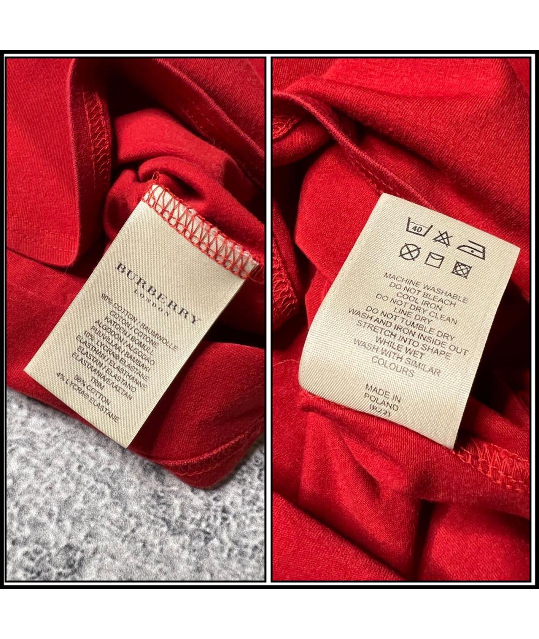 BURBERRY Красная хлопко-эластановая футболка, фото 5