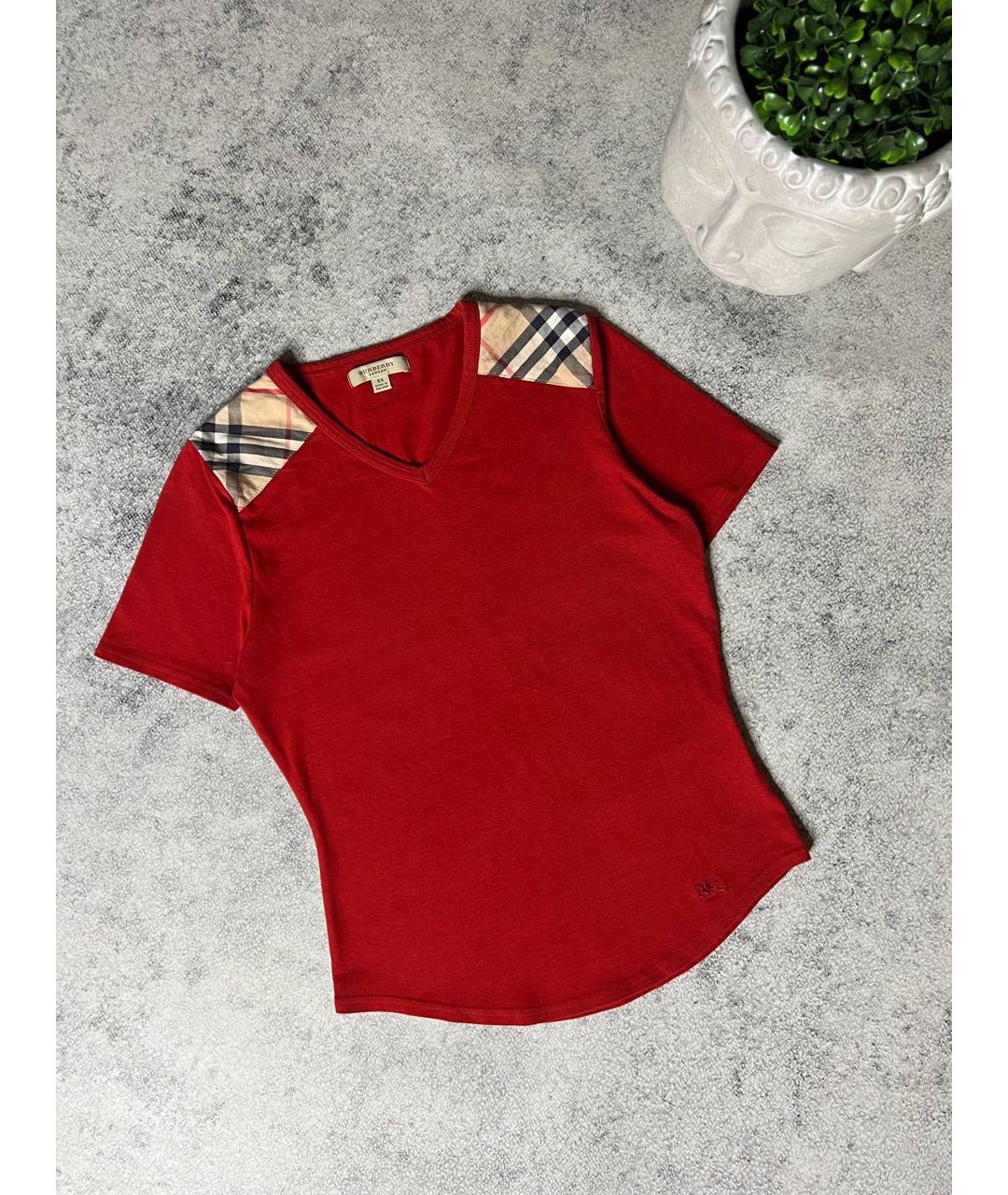 BURBERRY Красная хлопко-эластановая футболка, фото 6