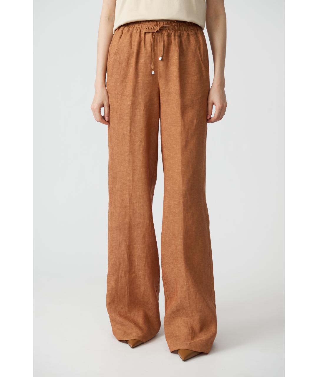 KITON Коричневые льняные прямые брюки, фото 4