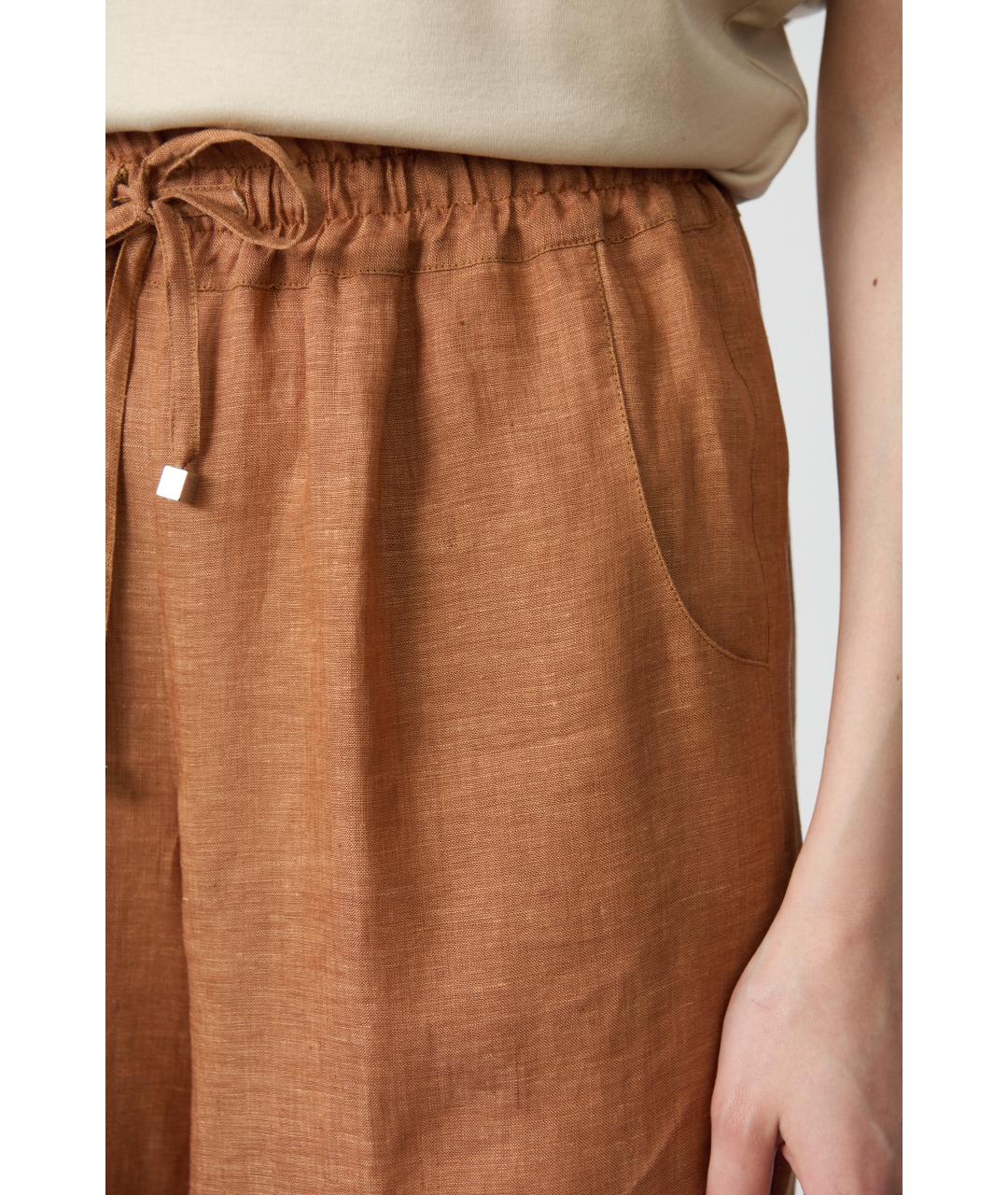 KITON Коричневые льняные прямые брюки, фото 2