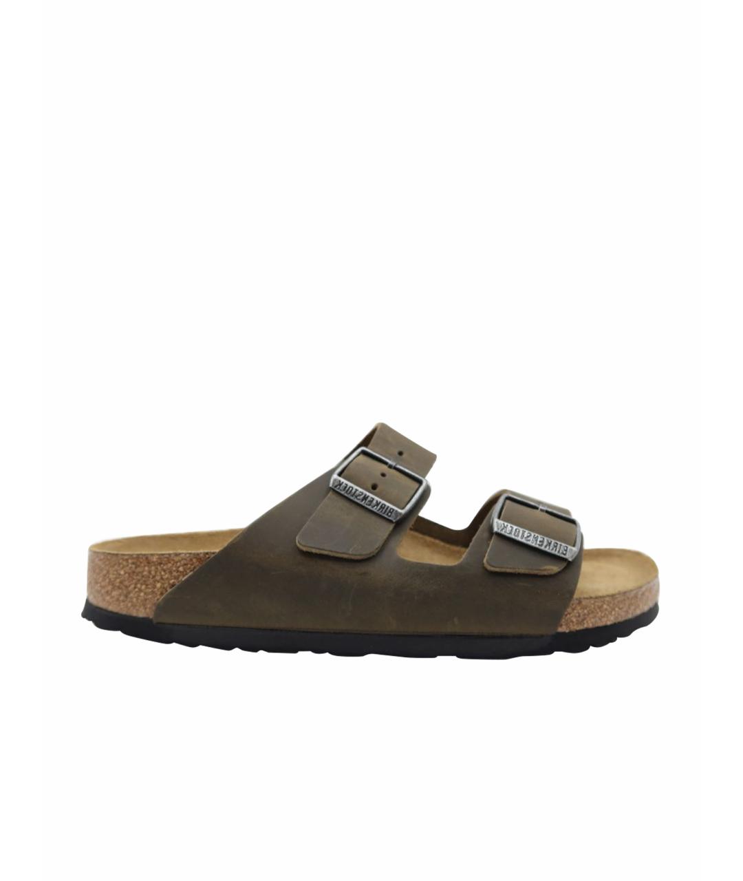 BIRKENSTOCK Хаки кожаные шлепанцы, фото 1