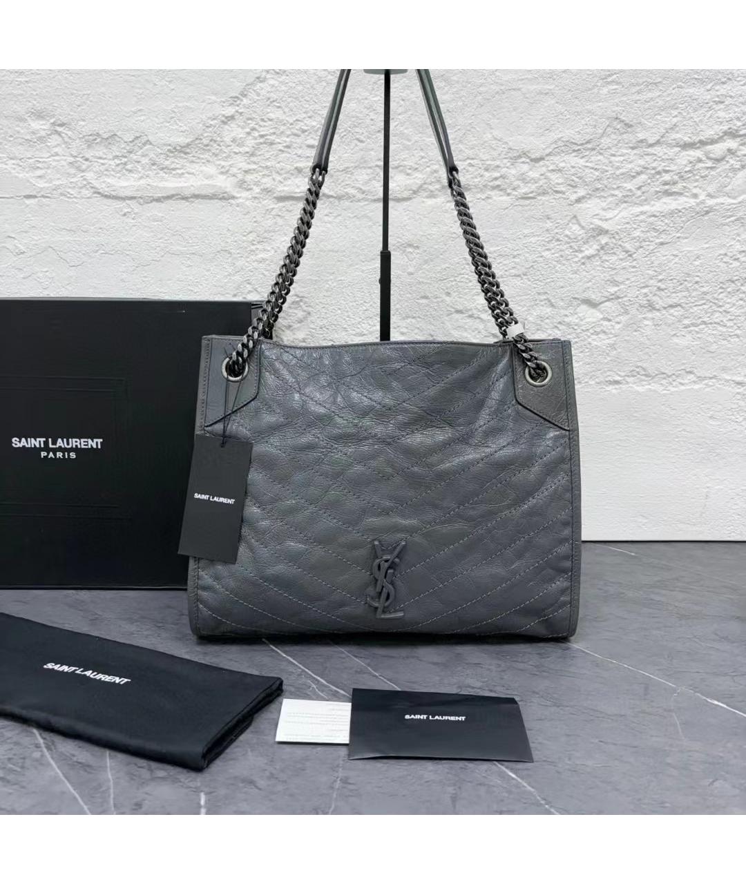 SAINT LAURENT Серая кожаная сумка тоут, фото 3