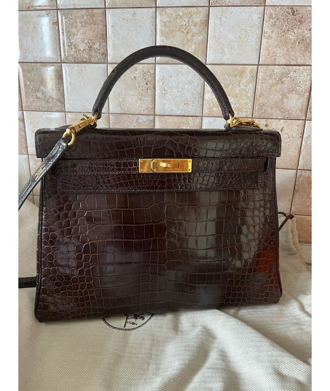 HERMES Коричневая сумка с короткими ручками из экзотической кожи, фото 9