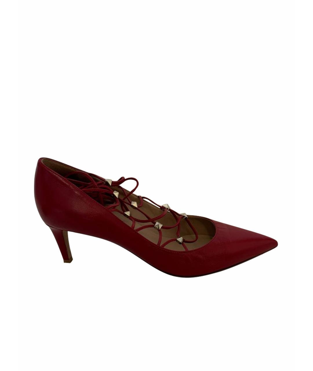VALENTINO Красные кожаные лодочки на низком каблуке, фото 1