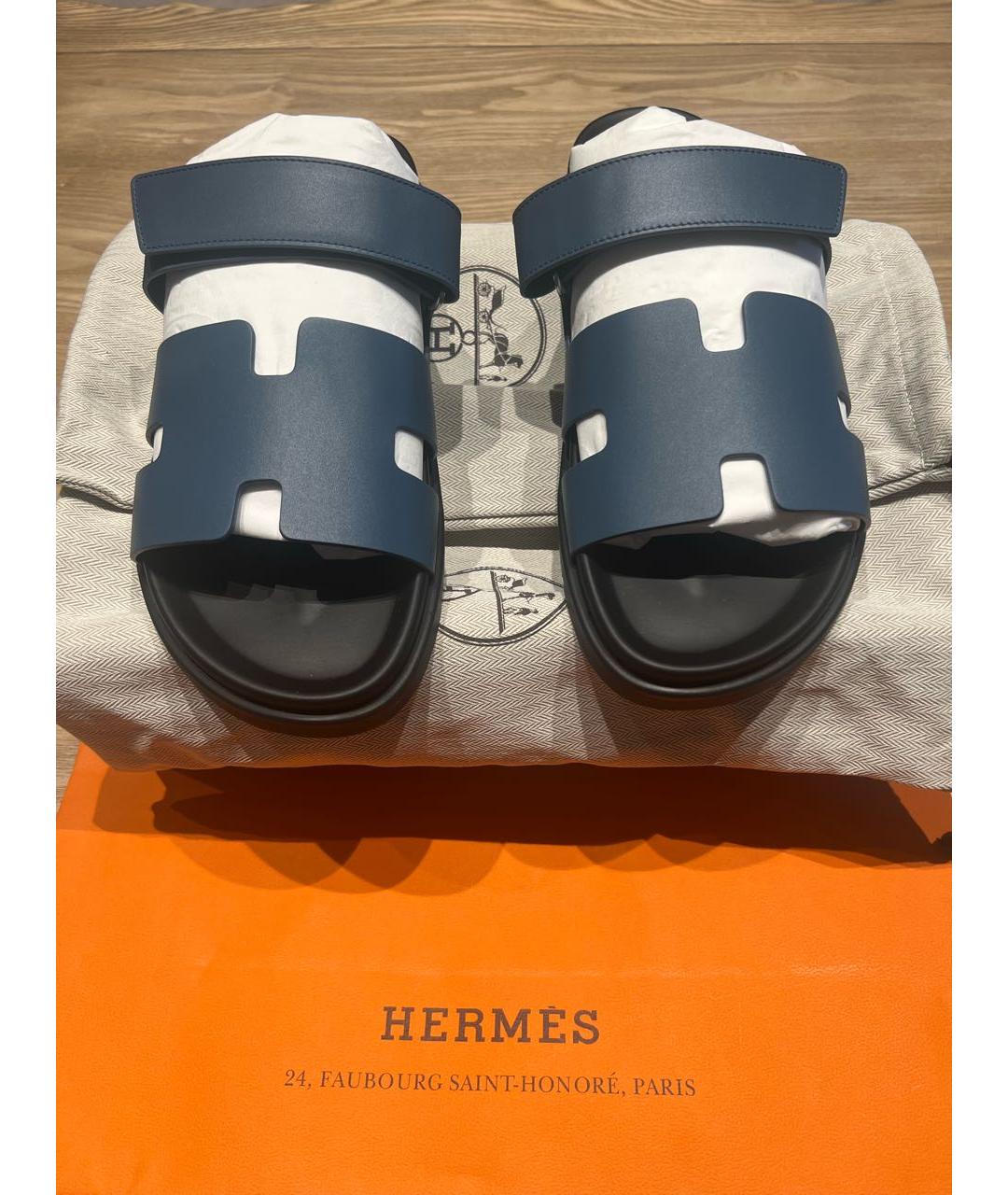 HERMES Синие кожаные шлепанцы, фото 5