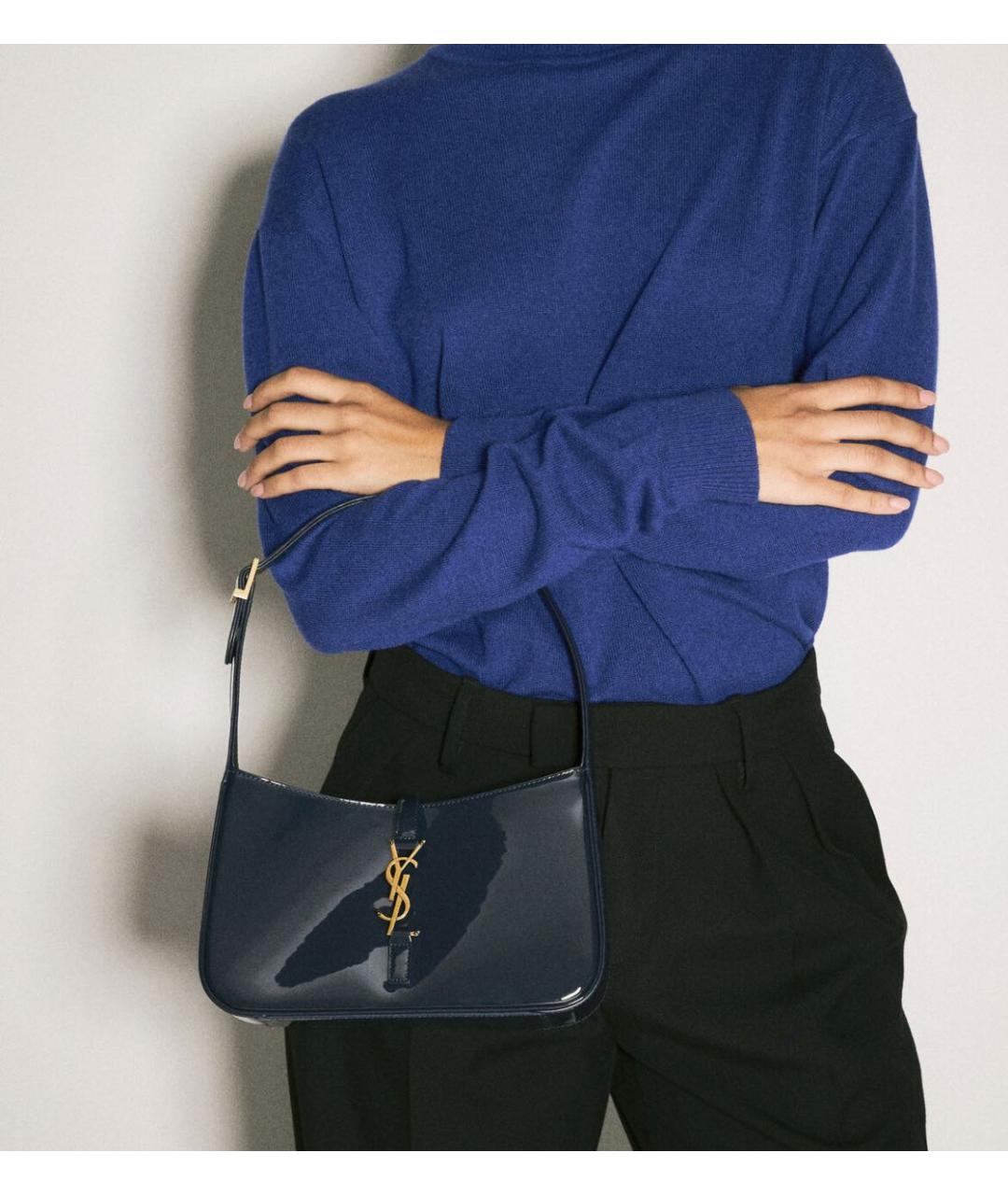 SAINT LAURENT Темно-синяя кожаная сумка с короткими ручками, фото 2